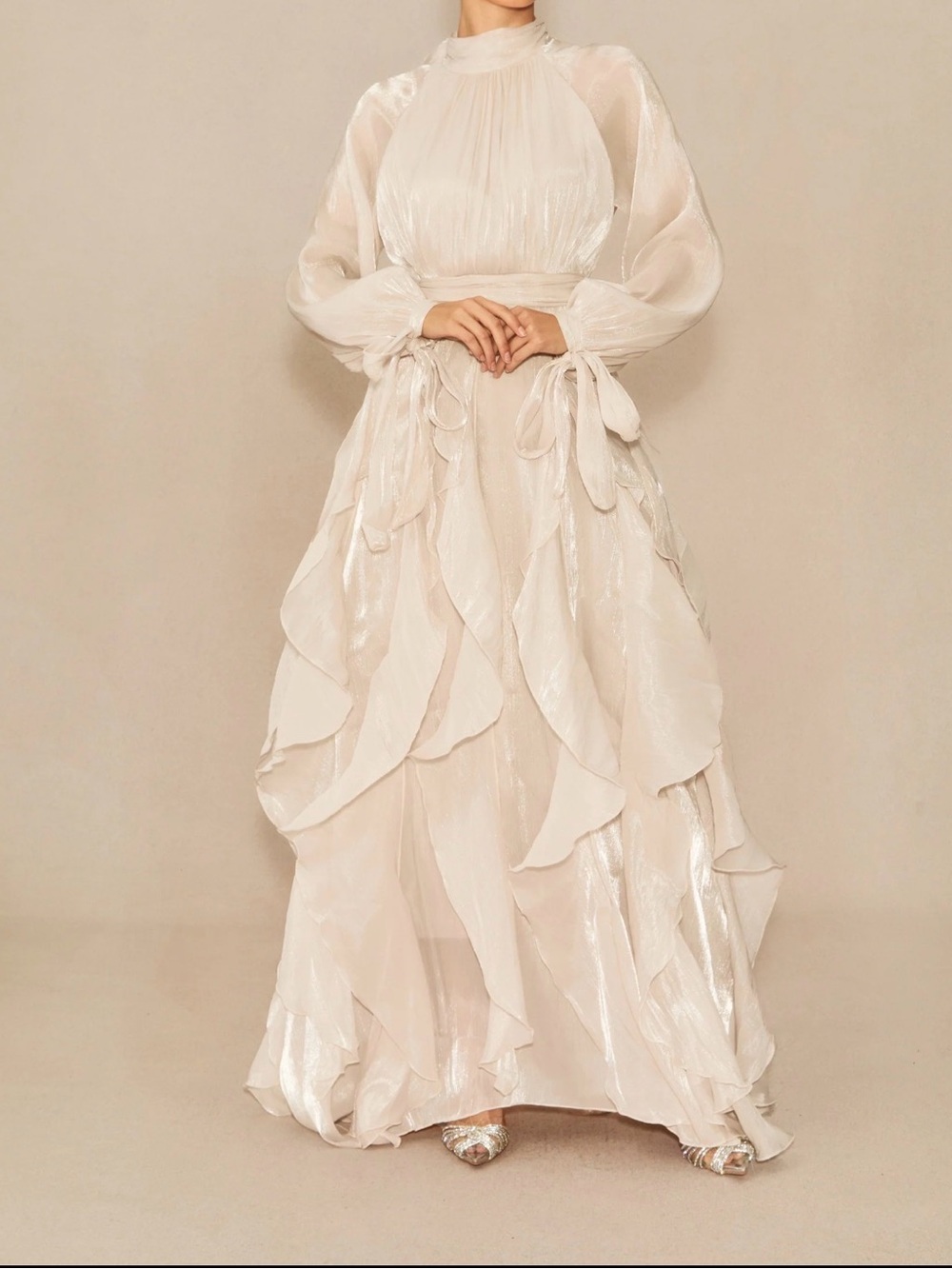 Elegant Ivory Ruffle Long-Sleeve Maxi Dress